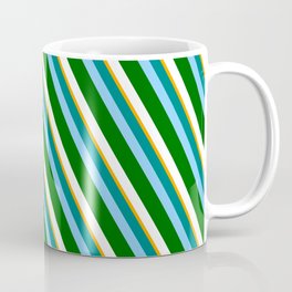 [ Thumbnail: Vibrant Teal, Light Sky Blue, Dark Green, White, and Orange Colored Pattern of Stripes Coffee Mug ]