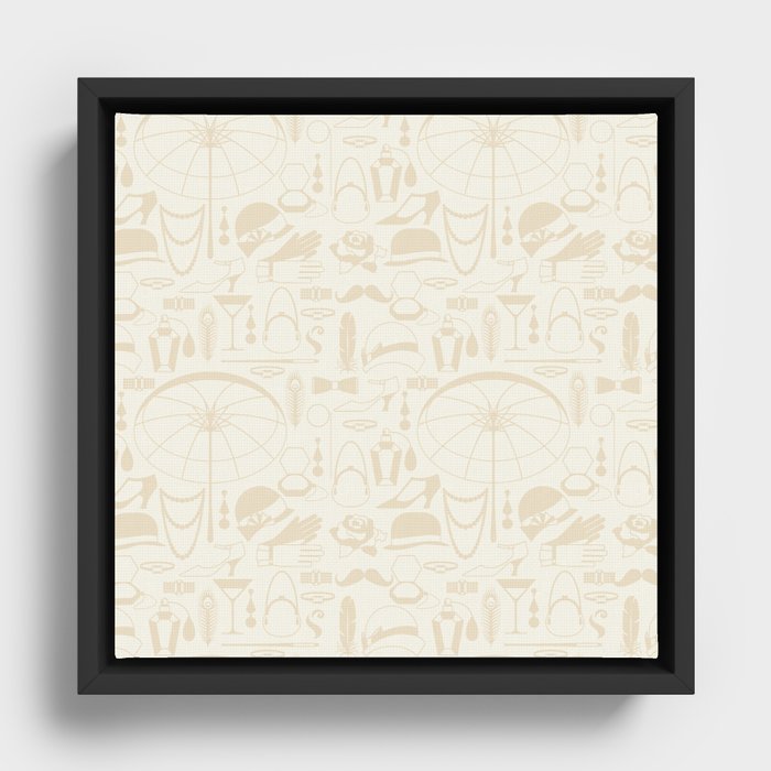 White Old-Fashioned 1920s Vintage Pattern on Cream Off-White Framed Canvas