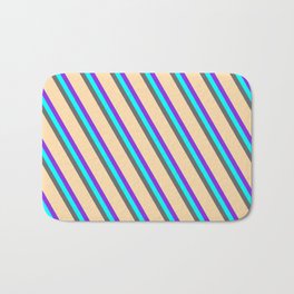 [ Thumbnail: Purple, Cyan, Dim Gray & Tan Colored Lined/Striped Pattern Bath Mat ]