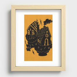 Cottage cabin yellow illustration cat risograph Recessed Framed Print