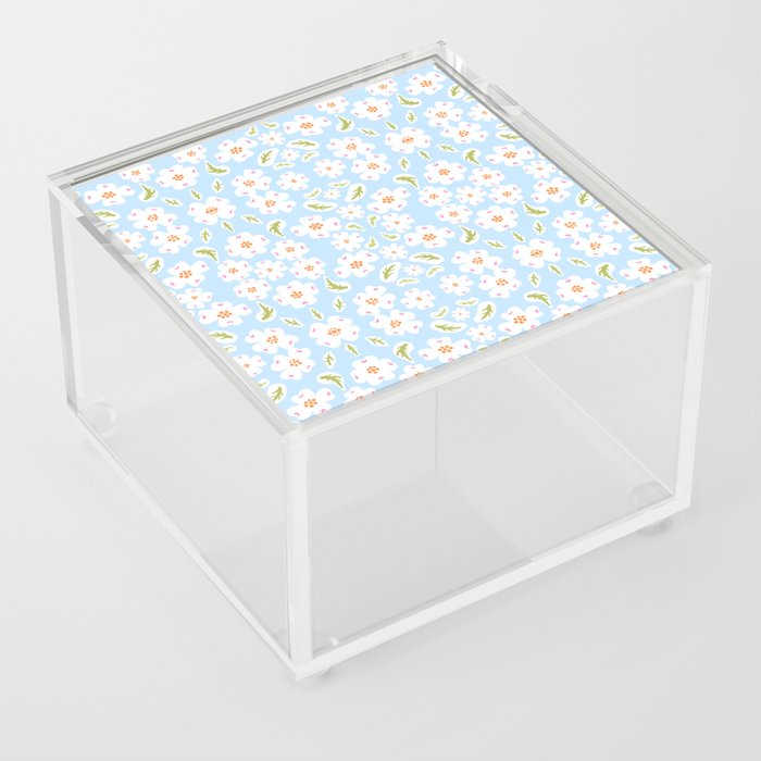 Dogwood Flowers Bloom Sunny Baby Blue And White Retro Mid-Century Modern Sweet Daisy Floral Pattern Acrylic Box