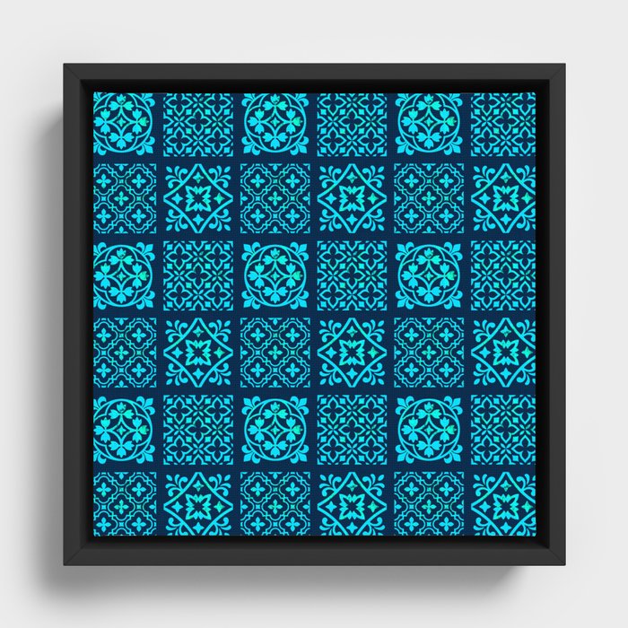 N175 - Heritage Calm Blue Geometric Traditional Moroccan Andalusian Style   Framed Canvas