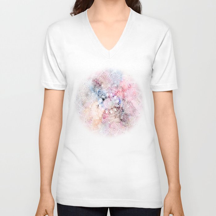 Whimsical white watercolor mandala design V Neck T Shirt