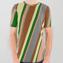 [ Thumbnail: Colorful Grey, Brown, Pale Goldenrod, Dark Green & Dark Salmon Colored Lined/Striped Pattern All Over Graphic Tee ]