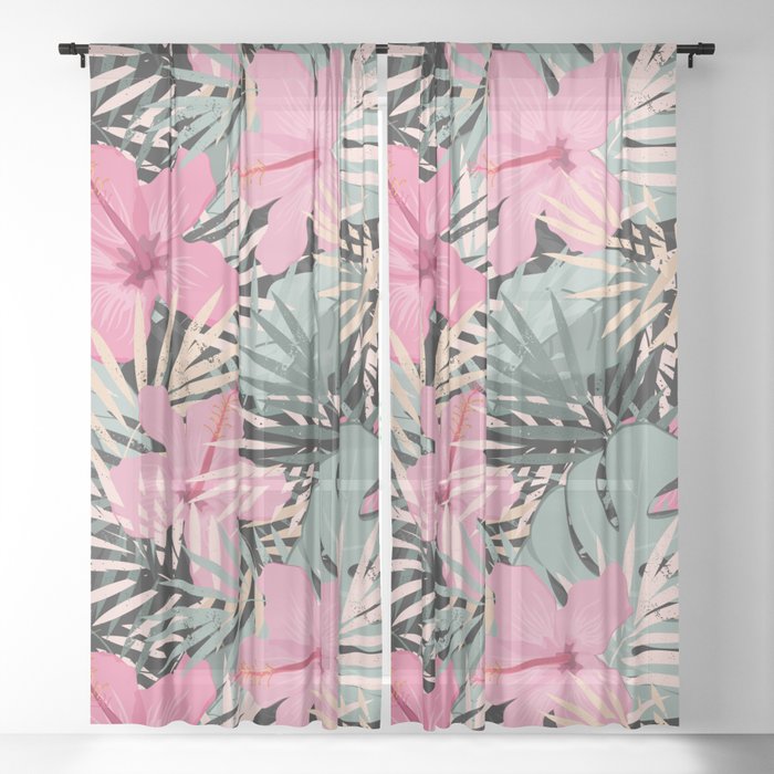 Floral Summer Pattern Background With Tropical Palm Leaves And Flowers Sheer Curtain