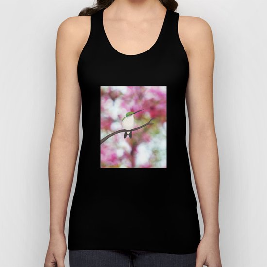 ruby throated hummingbird - female on pink bokeh Unisex Tank Top