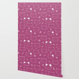 Magenta and White Doodle Kitten Faces Pattern Wallpaper