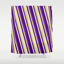 [ Thumbnail: Pale Goldenrod and Indigo Colored Striped/Lined Pattern Shower Curtain ]
