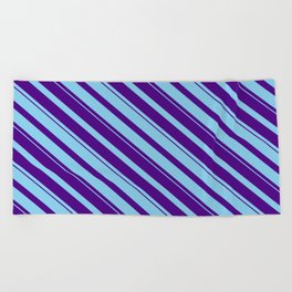 [ Thumbnail: Sky Blue & Indigo Colored Striped Pattern Beach Towel ]