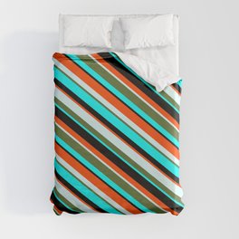 [ Thumbnail: Colorful Cyan, Black, Red, Light Cyan & Dark Olive Green Colored Pattern of Stripes Duvet Cover ]