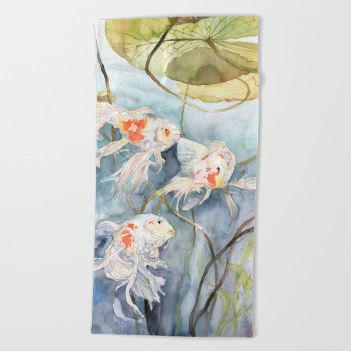 Koi Fish Painting Underwater Water Lily Beach Towel By Violettaboya