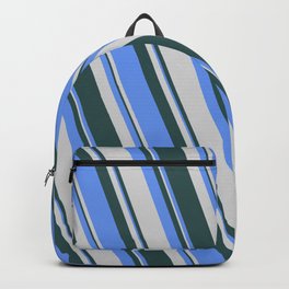 [ Thumbnail: Cornflower Blue, Light Grey & Dark Slate Gray Colored Lines/Stripes Pattern Backpack ]