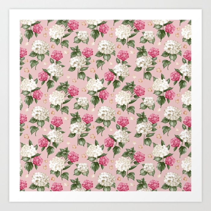 Vintage blush pink white hortensia floral illustration Art Print