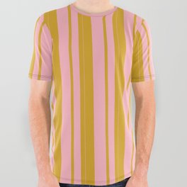 [ Thumbnail: Goldenrod & Light Pink Colored Lined Pattern All Over Graphic Tee ]