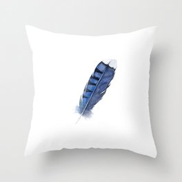 Blue Jay Feather , Blue Feather, Watercolor Feather, Watercolor painting by Suisai Genki Throw Pillow