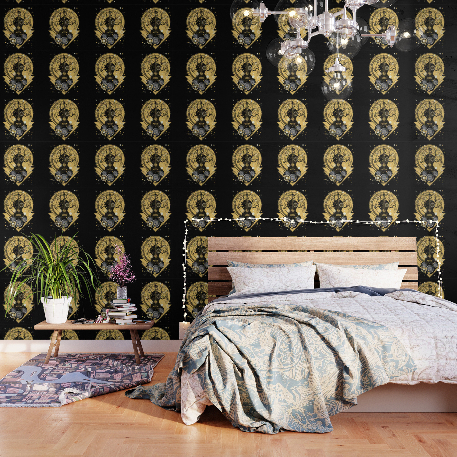 Retro Geometric Music Themed Design With Guitar Tree Wallpaper By