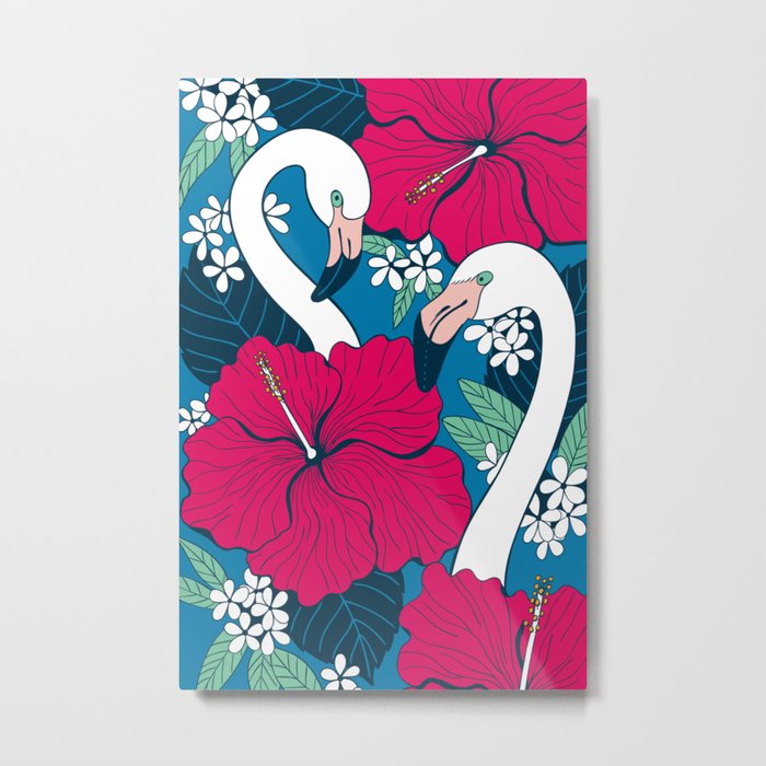 Flamingos and tropical flowers and leaves Metal Print