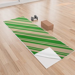 [ Thumbnail: Tan and Green Colored Lined Pattern Yoga Towel ]