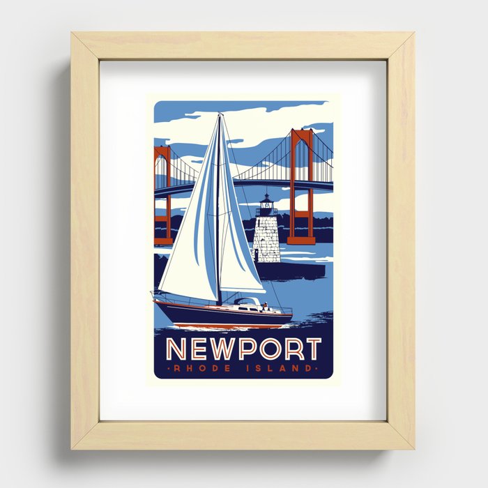 Newport Rhode Island Sailboat Lighthouse Retro Vintage nautical  Recessed Framed Print
