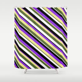 [ Thumbnail: Vibrant Purple, Tan, Dark Olive Green, White & Black Colored Lined/Striped Pattern Shower Curtain ]
