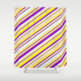 [ Thumbnail: Tan, Yellow, Dark Violet & Light Cyan Colored Striped Pattern Shower Curtain ]