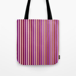 [ Thumbnail: Maroon, Dark Orchid, and Beige Colored Striped/Lined Pattern Tote Bag ]
