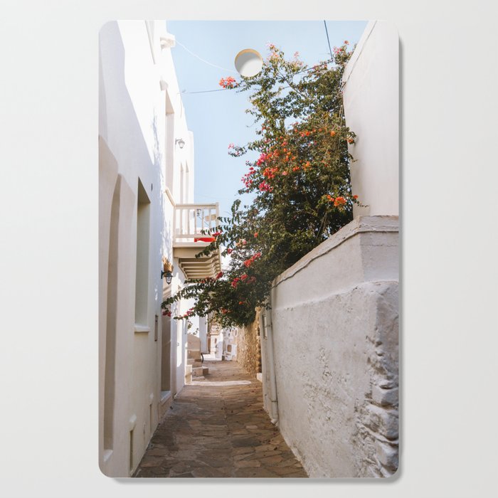 Small Greek Street | Flower Filled Mediterranean Ally | Travel Photography on the Islands of Greece Cutting Board