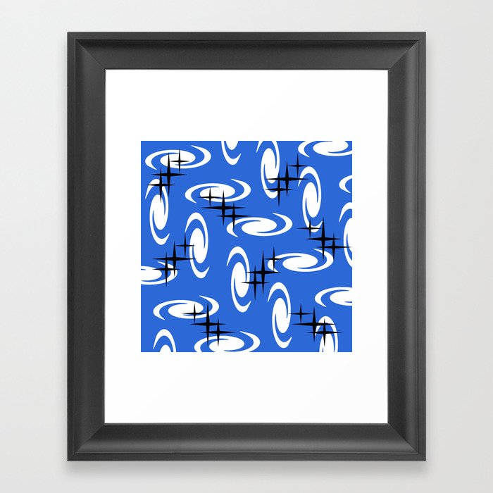 Retro Atomic Age Swirls Stars Pattern Blue Framed Art Print