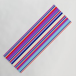[ Thumbnail: Eye-catching Beige, Red, Dark Orchid, Sky Blue, and Dark Blue Colored Stripes/Lines Pattern Yoga Mat ]