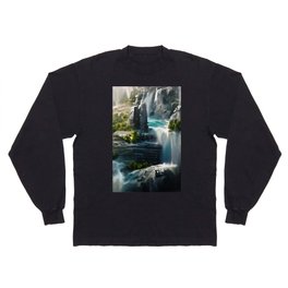 Waterfall Painting | Hi-Res Digital Art Long Sleeve T-shirt