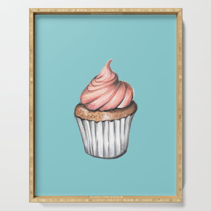 Sweet Rose Cupcake Blue Background Serving Tray