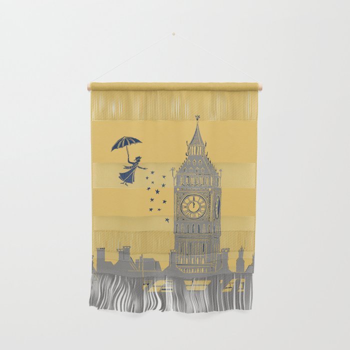Mary Poppins and Big Ben in Mustard Yellow and Grey Wall Hanging