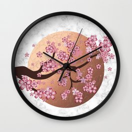 Blooming Sakura Branch on marble Wall Clock | Japanese, Minimalism, Branch, Illustration, Blossom, Blooming, Cherry, Marble, Photo, Pink 