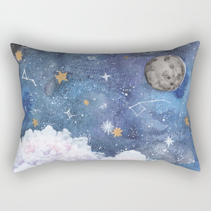 Rise Above | Night Sky Hot Air Balloon Illustration | Watercolor | Galaxy Rectangular Pillow