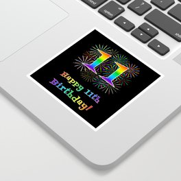 [ Thumbnail: 11th Birthday - Fun Rainbow Spectrum Gradient Pattern Text, Bursting Fireworks Inspired Background Sticker ]