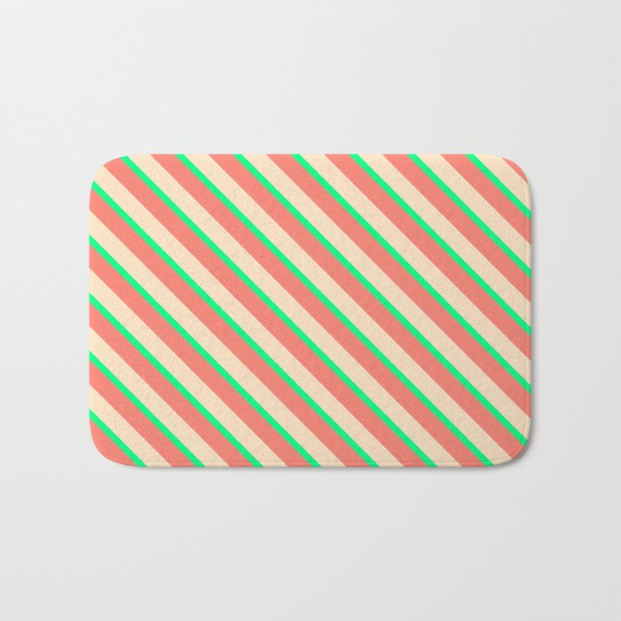 Bisque, Green & Salmon Colored Striped Pattern Bath Mat