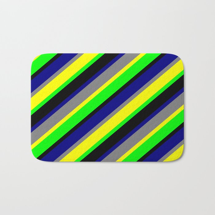 Eye-catching Grey, Yellow, Lime, Black, and Blue Colored Lined/Striped Pattern Bath Mat