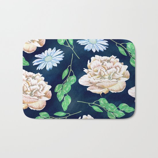Rose Garden Navy Blue Antique Floral Pattern Bath Mat