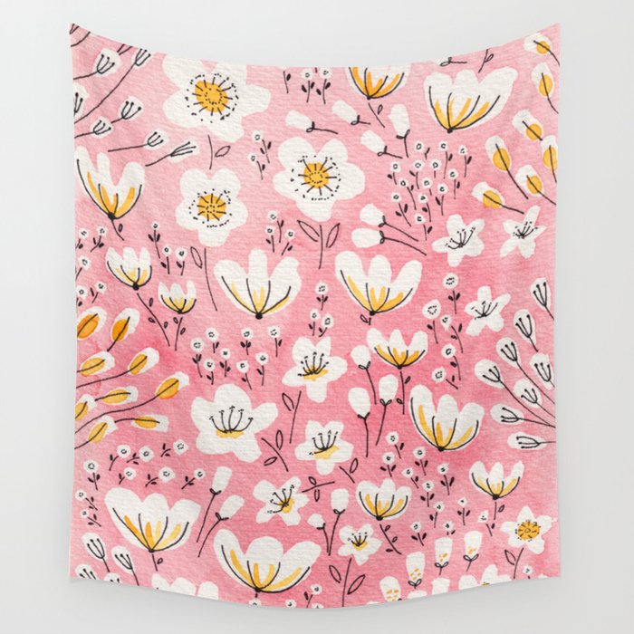 Pink Flowers in Floral Pattern Wall Tapestry