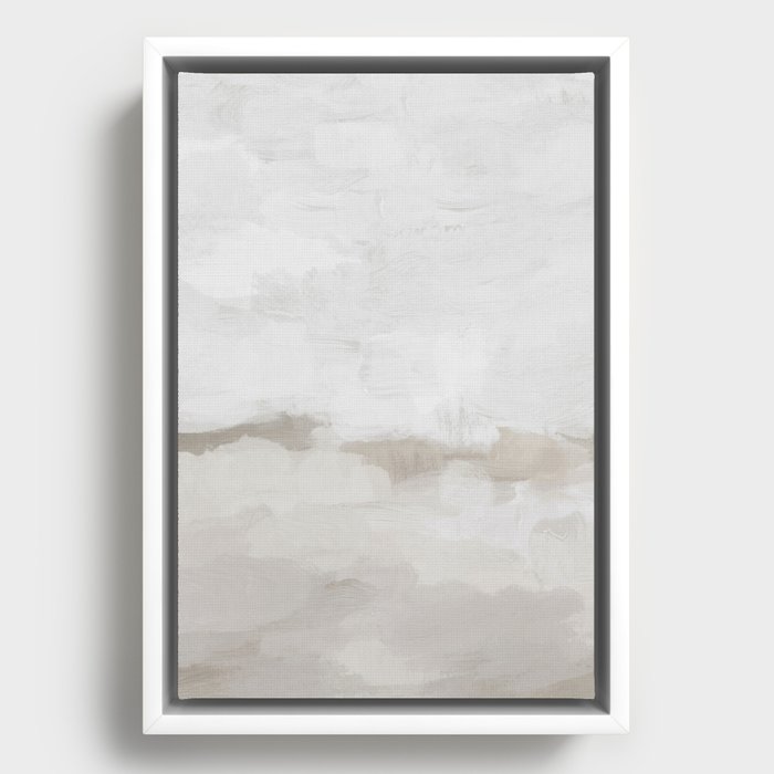 Sands of Time III - Neutral White Beige Gray Sandy Beach Ocean Gray Cloud Abstract Nature Painting Framed Canvas