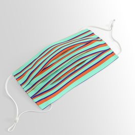 [ Thumbnail: Aquamarine, Blue & Red Colored Striped/Lined Pattern Face Mask ]
