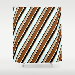 [ Thumbnail: Brown, Tan, Light Cyan & Black Colored Striped/Lined Pattern Shower Curtain ]