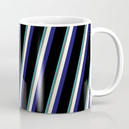 [ Thumbnail: Eye-catching Aqua, Dim Gray, Beige, Midnight Blue & Black Colored Stripes Pattern Coffee Mug ]
