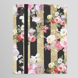 Vintage style pink red roses flowers black gold glitter stripes iPad Folio Case