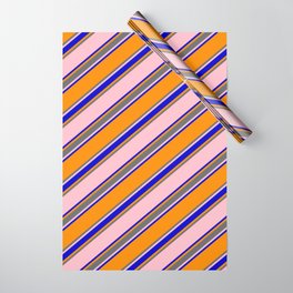 [ Thumbnail: Pink, Blue, Dark Orange, and Dim Gray Colored Pattern of Stripes Wrapping Paper ]
