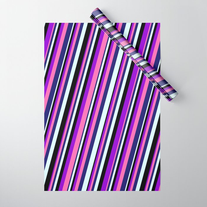 Dark Violet, Hot Pink, Midnight Blue, Light Cyan & Black Colored Lined/Striped Pattern Wrapping Paper