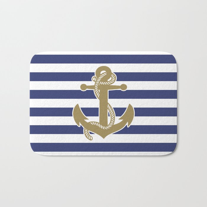Retro Navy Anchor and Stripes Pattern 229 Blue and Gold Bath Mat