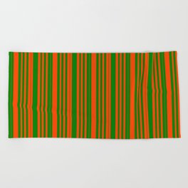 [ Thumbnail: Red & Green Colored Pattern of Stripes Beach Towel ]