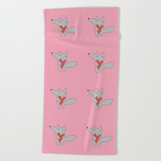 Fox in love pink Beach Towel