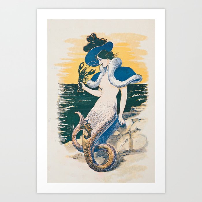 Mermaid and Lobster Vintage Illustration Art Print